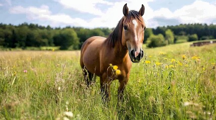 Obraz premium Grazing Horse in Lush Green Field Surrounded by Wildflowers on Sunny Day : Generative AI