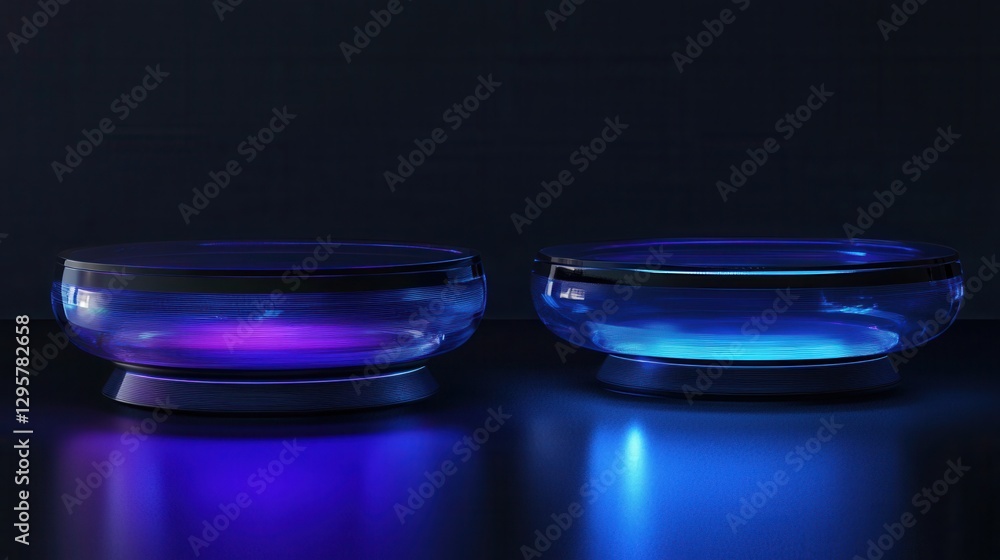 Poster futuristic display stands with neon lighting effect in a dark setting for technology and product pre