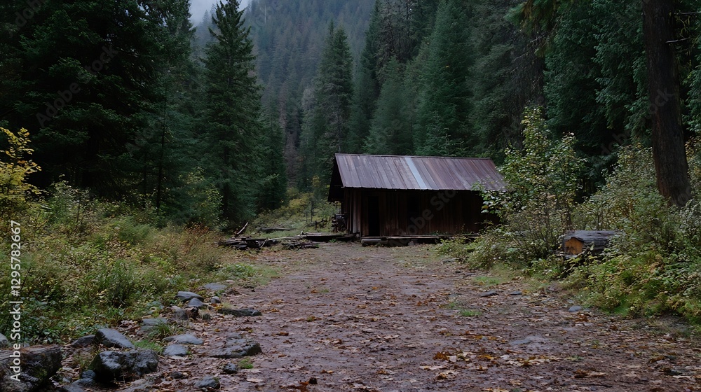 Poster rustic wooden cabin amidst tall trees in a peaceful forest setting : generative ai