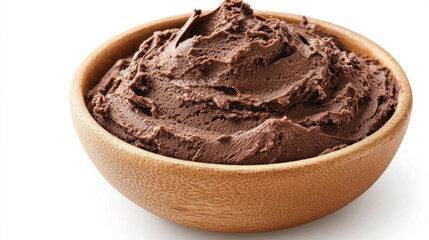 Creamy chocolate mousse in wooden bowl, rich and indulgent dessert