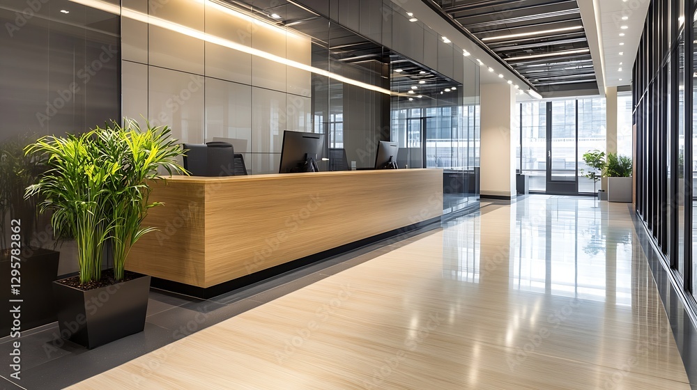 Poster modern reception area with stylish design and lush greenery in financial district : generative ai