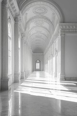 A long hallway with columns and arches in a building