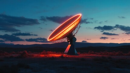 Futuristic Satellite Dish with Neon Glow at Dusk in Remote Landscape with Colorful Sky and Dramatic Cloud Formation