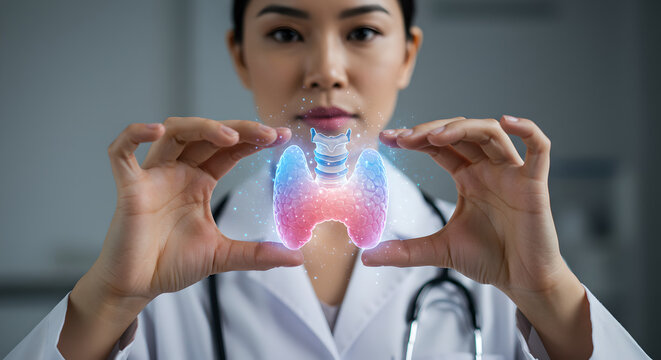Thyroid gland study in hands of doctor using VR diagnostic tool. Endocrine system and hormone. Visualizing model thyroid gland in throat in virtual space, holographic image