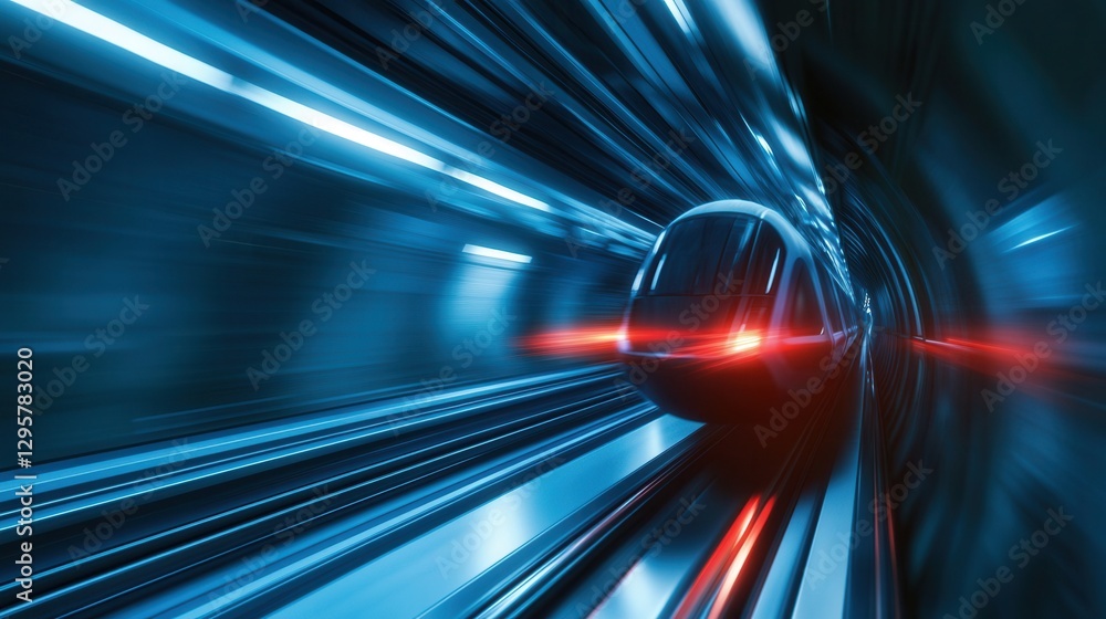 Poster high-speed train in motion captured in a vibrant blue tunnel with dynamic light trails representing 