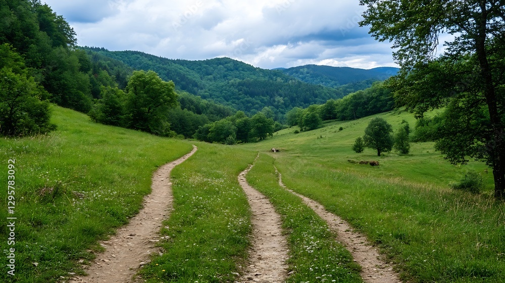 Poster scenic beautiful green landscape with winding paths and lush forests : generative ai