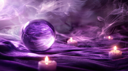 A mystical glowing crystal ball resting on deep purple velvet, surrounded by flickering candlelight and swirling mist, creating an aura of mystery