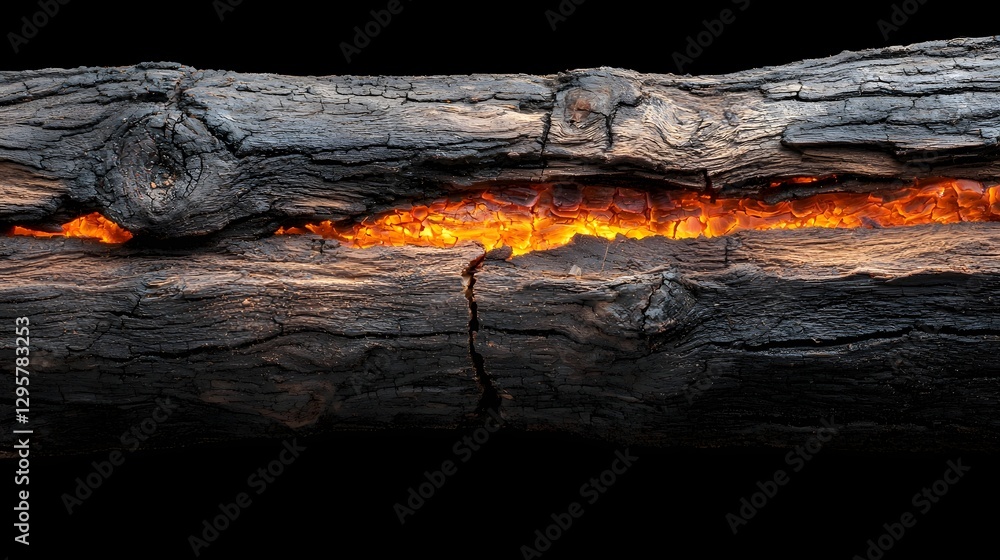 Poster Detailed cross section of a burning wooden log showcasing the intricate layers of glowing embers and intricate patterns within the charred and scorched surface