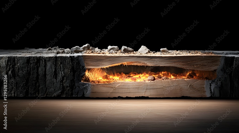 Aufkleber Detailed cross section view of a burning log showcasing the intricate layers of charred wood glowing embers and smoldering flames within