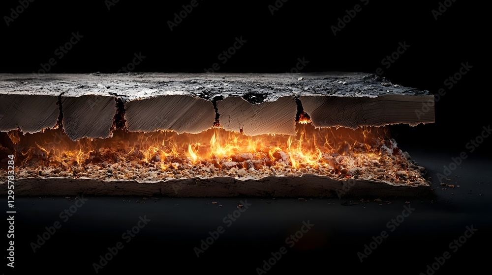 Aufkleber Detailed cross section view of a burning log showcasing the intricate layers of glowing embers and smoldering char within the wooden texture