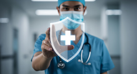 Doctor and medical holographic shield icon with cross showing innovation, security and future of medical advancements. Advanced digital technology in modern healthcare. Protection personal data