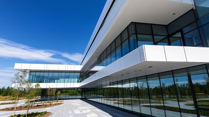 Fototapeta premium Modern architectural building design with large glass windows and clear sky in background : Generative AI