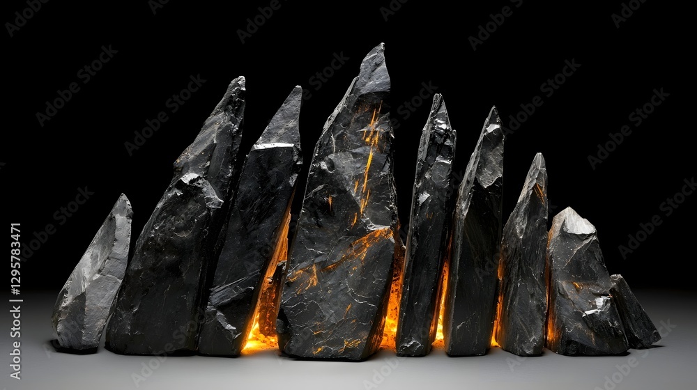 Poster dramatic abstract sculpture made of stacked charcoal pieces arranged in a cityscape like formation w