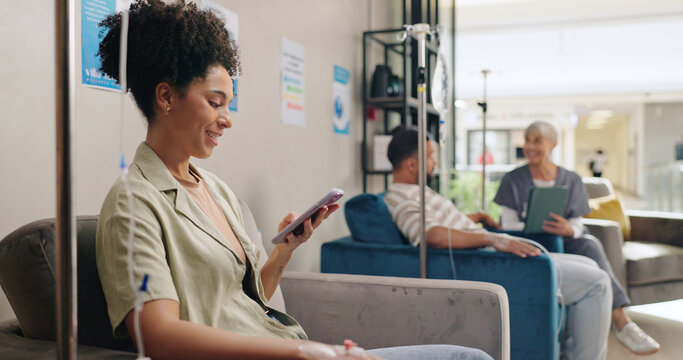 Hospital, phone and people in chemotherapy with IV for cancer treatment, medication and medicine drip. Healthcare, wellness and patients on smartphone for social media, website and online in clinic,I