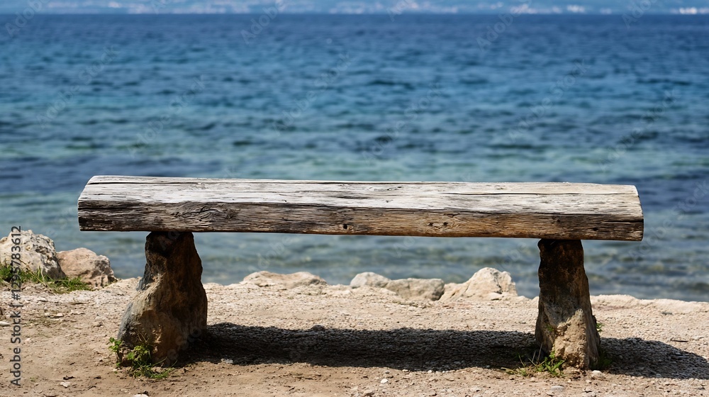 Poster rustic wooden bench by the clear blue ocean for relaxation and reflection : generative ai