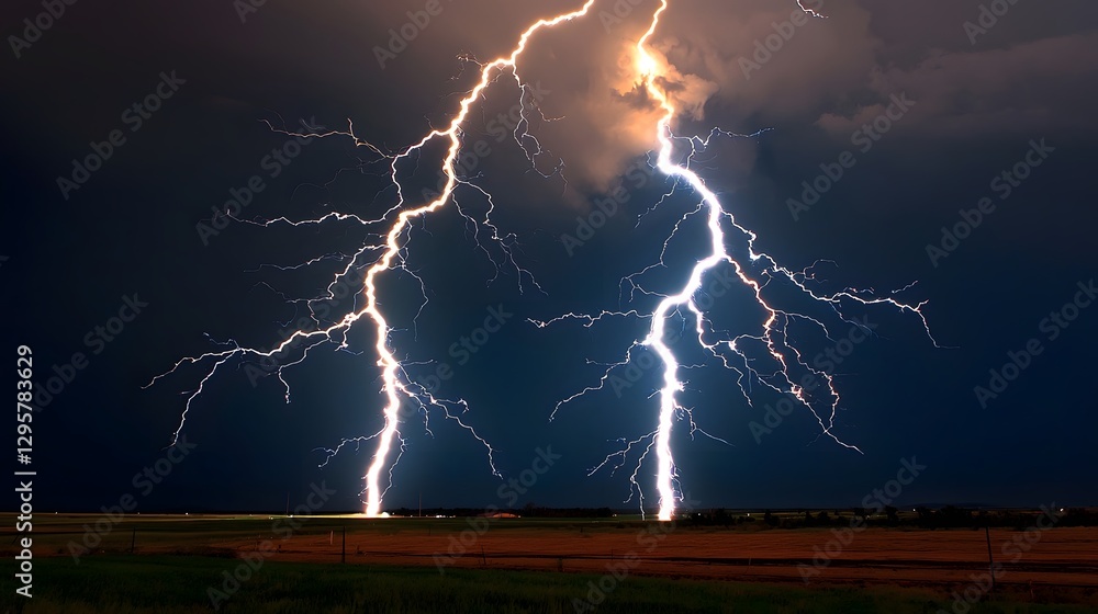 Poster dramatic and powerful image capturing the intense beauty and fury of two lightning bolts striking th