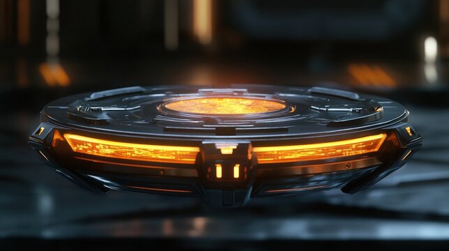 Futuristic Hovering Device with Glowing Orange Core and Metallic Surface in a Sci-Fi Environment