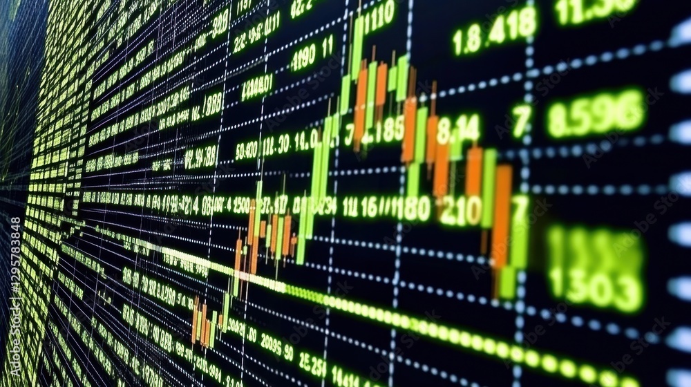 Poster dynamic stock market data visualization with green and orange candlestick trends on digital display 