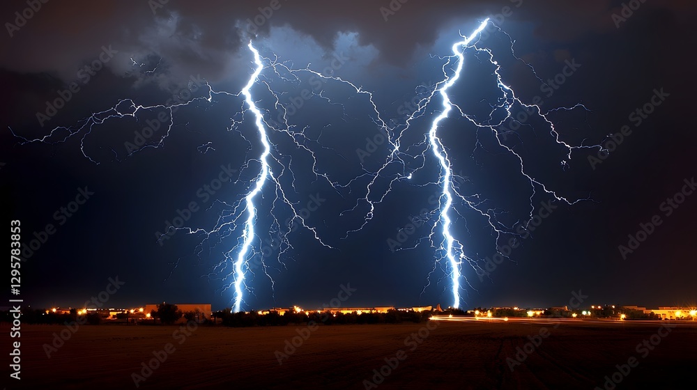 Aufkleber dramatic image capturing two powerful lightning bolts striking the same point creating an explosive 