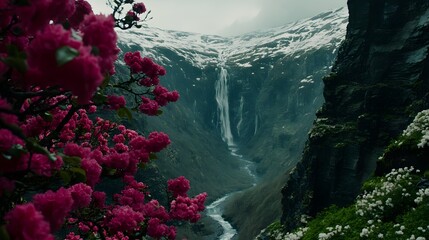 Majestic waterfall cascading through a lush valley adorned with vibrant pink flowers in spring