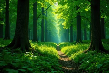 lush forest landscape with green foliage and black tree trunks,, greenery, shadows