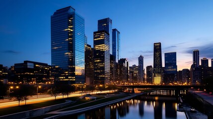 Obraz premium Stunning Chicago Skyline at Dusk with Reflections on the Water and City Lights : Generative AI