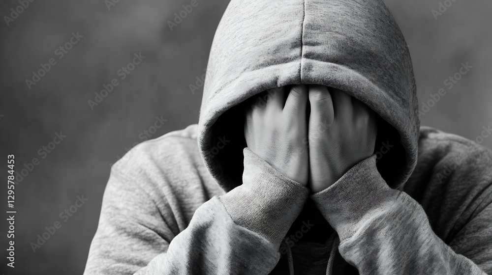 Poster stressed individual with head in hands wearing hoodie in monochrome image : generative ai