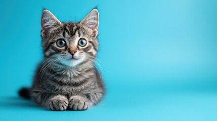 Obraz premium Adorable Fluffy Kitten Sitting Comfortably on a Soft Blue Background, Perfect for Pet and Animal Lovers