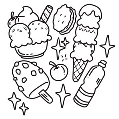 Collection of hand drawn black and white doodles vector, Designs include smiling faces, melting effects, and sprinkles, making them ideal for food related illustrations, branding, and fun summer theme