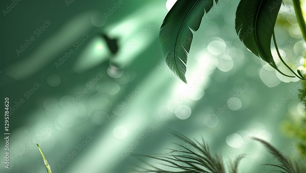 Poster lush green leaves illuminated by soft sunlight with bokeh effect creating a tranquil atmosphere in a
