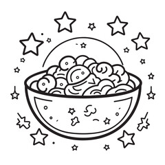 Black and white line art illustration of a bowl filled with swirly, cloud-like cereal, surrounded by stars and a crescent moon in the background. Whimsical and cosmic-themed.

