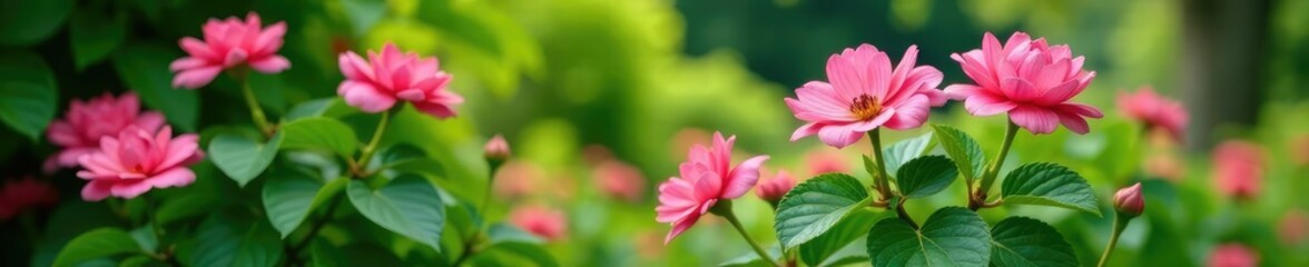 Obraz premium Lush green foliage with bright pink flowers in a garden, pink flowers,, flowering plants