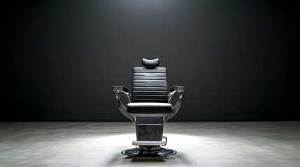 Dramatic spotlight illuminating a sleek minimalist black barber chair in a dark moody studio setting  The chair s elegant modern design stands out against the clean simple background