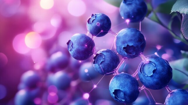Futuristic Visualization of Blueberry Molecules with Neon Glow