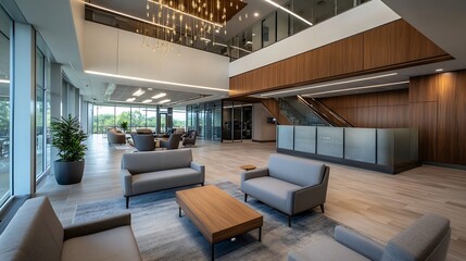 Naklejka premium Bright and Spacious Modern Office Lobby with Comfortable Seating Areas and Natural Light : Generative AI