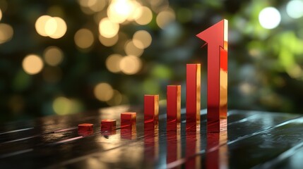 3D render of red arrow pointing up alongside bar graph, symbolizing growth and success in business. background features blurred bokeh effect for dynamic look