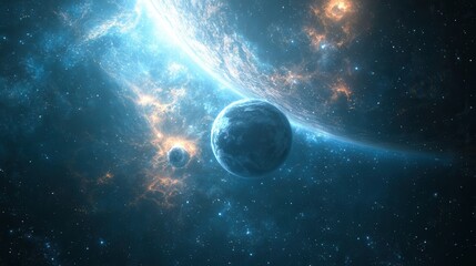 Obraz premium Stunning Cosmic Scene with Bright Nebula, Two Planets, and Distant Stars Reflecting the Vastness and Beauty of Outer Space in Vibrant Colors
