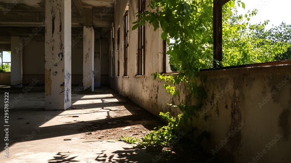 Aufkleber sunlight streaming into abandoned building emphasizes nature's reclaiming power : generative ai