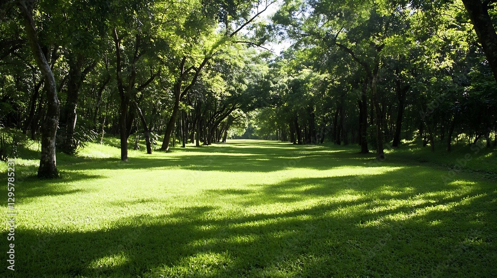 Poster Lush green tree-lined path illuminated by bright sunlight in serene forest : Generative AI