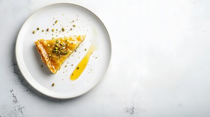 A triangle of baklava glistening with syrup and sprinkled with pistachios on a clean white plate