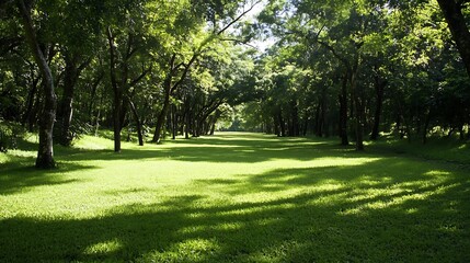 Naklejka premium Lush green tree-lined path illuminated by bright sunlight in serene forest : Generative AI