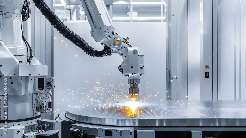 Poster Futuristic robotic arm with advanced laser technology precisely welding a sleek curved metal panel in an industrial manufacturing setting  High tech automation and precision engineering concept
