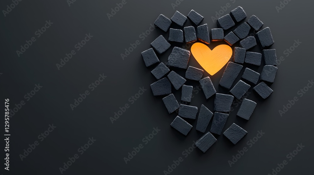 Poster Glowing Heart of Charcoal   Captivating Monochrome Abstract Composition Depicting a Heart Shape Formed by Charcoal Pieces in a Minimalist Elegant and Sophisticated Design