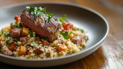 A thick cut of seared steak revealing a rosy interior on top of couscous studded with diced vegetables