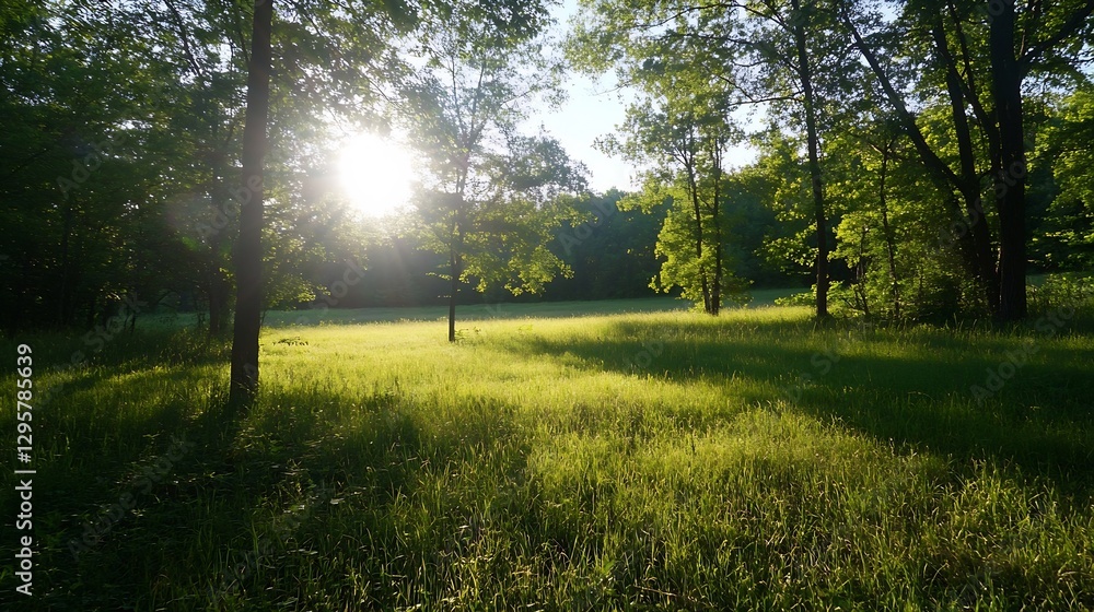Poster lush green meadow with sunlight filtering through trees in a calm natural landscape : generative ai