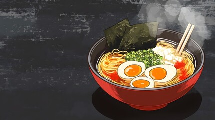 A vibrant bowl of ramen filled with noodles eggs vegetables and nori in a dark textured background