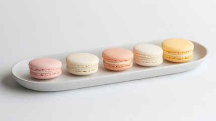 Pastel-colored macarons are neatly arranged in a row on a long oval white plate