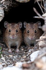 A couple of small brown mice standing next to each other