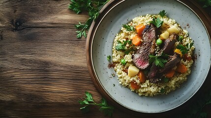 Seared steak slices atop fluffy couscous mixed with diced vegetables in a speckled gray bowl on a wooden surface