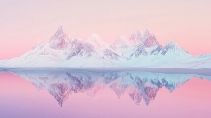 Majestic Snow-Capped Mountains Reflecting in Calm Waters at Sunrise with Soft Pink and Blue Sky Enhancements